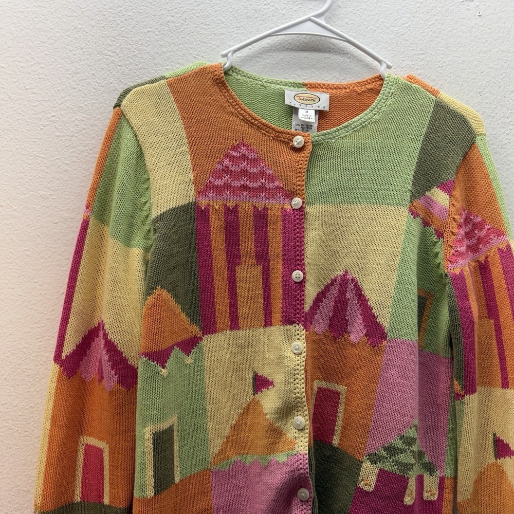Talbots Artsy Knit Button Up Sweater Art To Wear Whimsical Cardigan Sz M Pastel - Picture 2 of 6